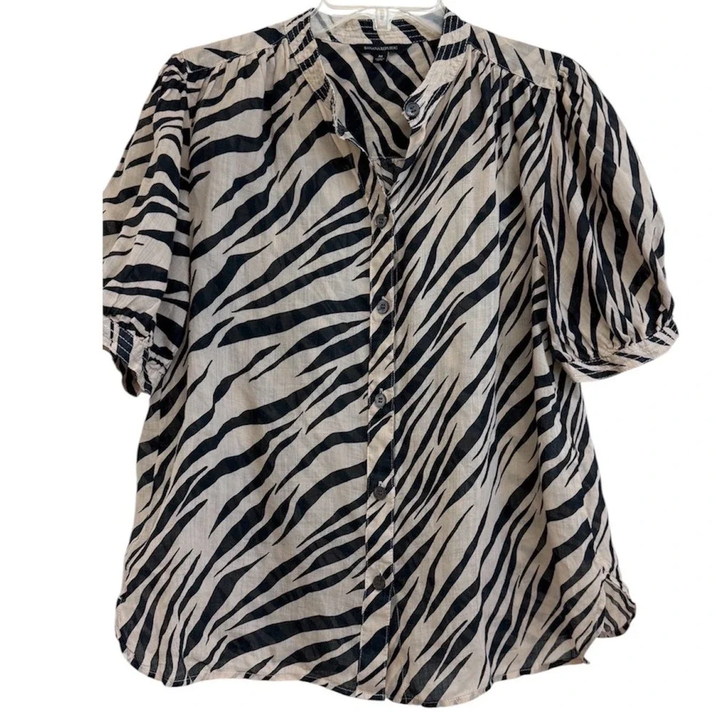 Banana Republic Zebra Print Ramie Puff Sleeve Button Front Blouse Tan Black M